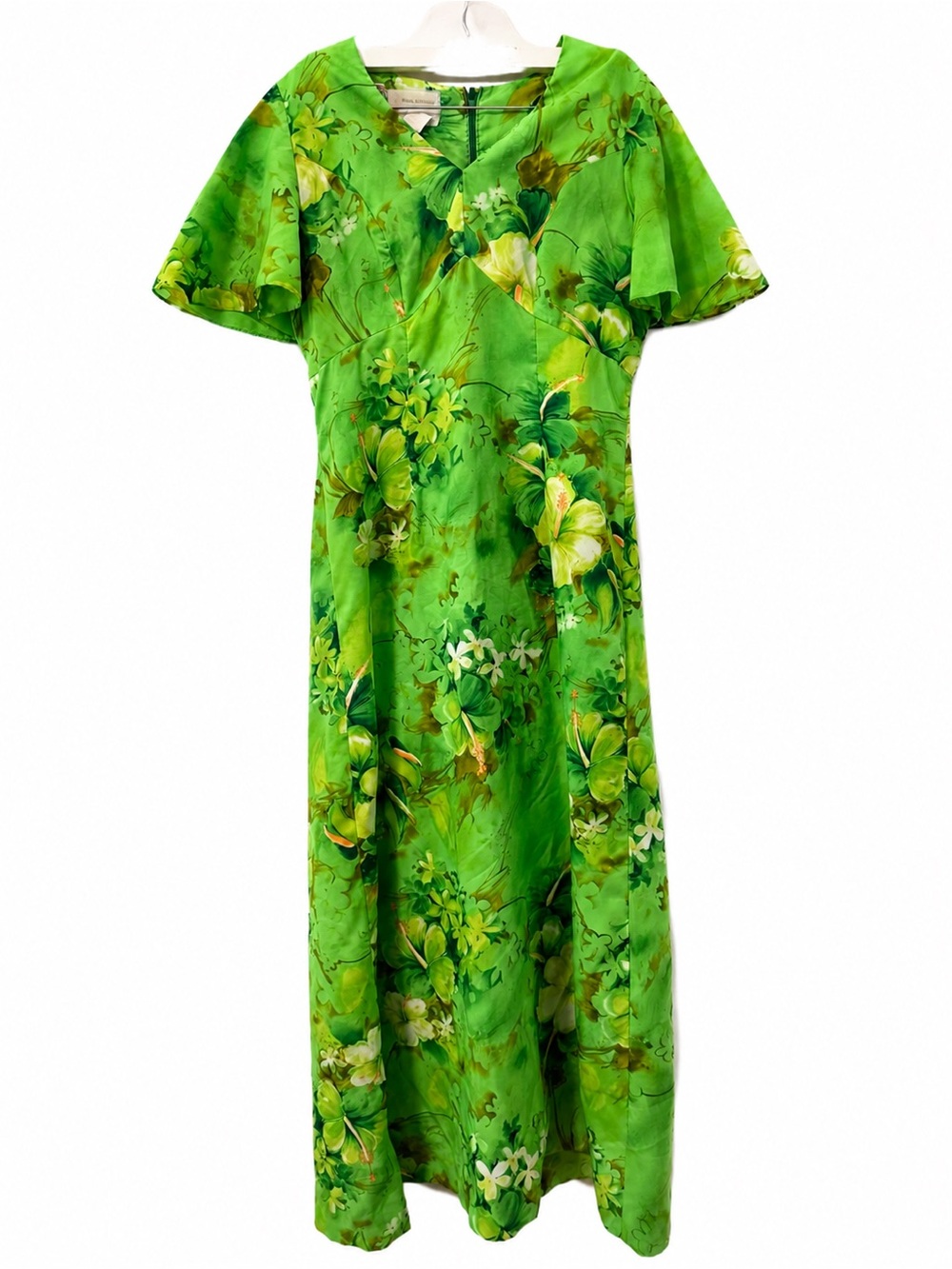 Vintage Royal Hawaiian Green Hibiscus Floral Maxi Dress Sz 14 Tiki Tropical Luau